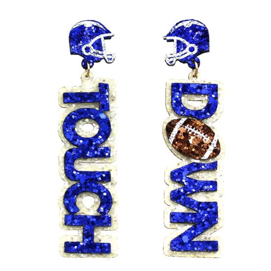 Blue and White Glitter Touch Down Football Earrings