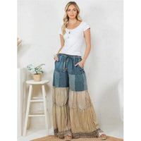 Denim & Lace Patchwork Boho Wide-Leg Pants