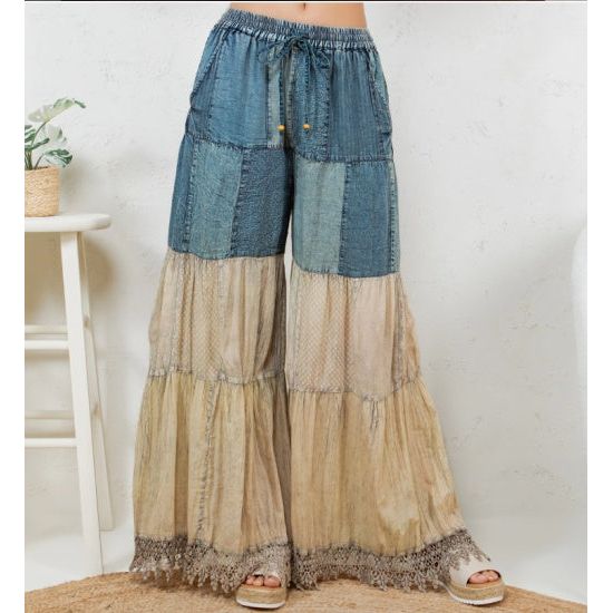 Denim & Lace Patchwork Boho Wide-Leg Pants