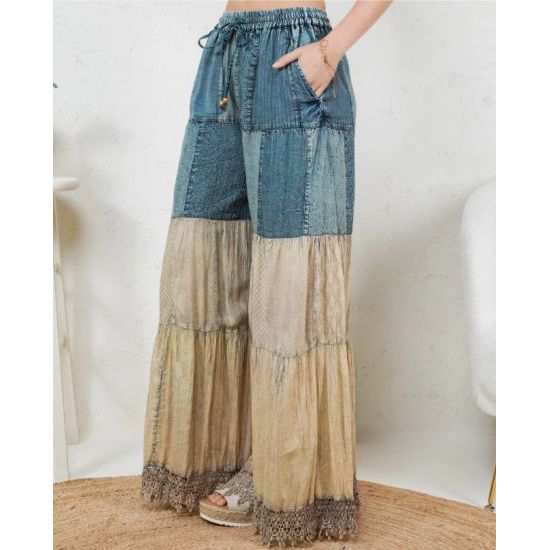 Denim & Lace Patchwork Boho Wide-Leg Pants