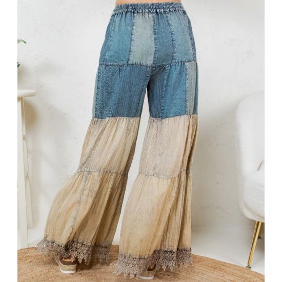 Denim & Lace Patchwork Boho Wide-Leg Pants