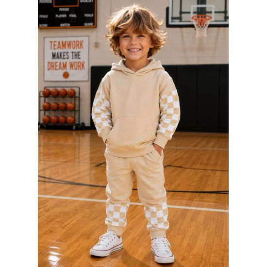 Kids Cream Checkered Hoodie with Matching Joggers Set