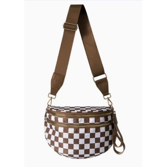 Brown Checkered Nylon Sling Crossbody Bag