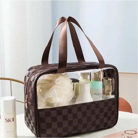 Brown Checkered Clear Travel Bag