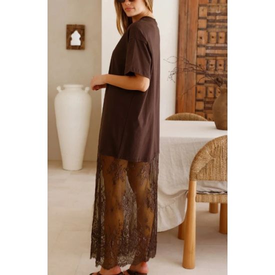 Red Sandalwood Lace Layered Maxi Tee Dress