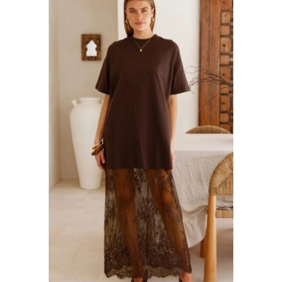 Red Sandalwood Lace Layered Maxi Tee Dress