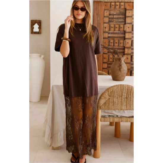 Red Sandalwood Lace Layered Maxi Tee Dress