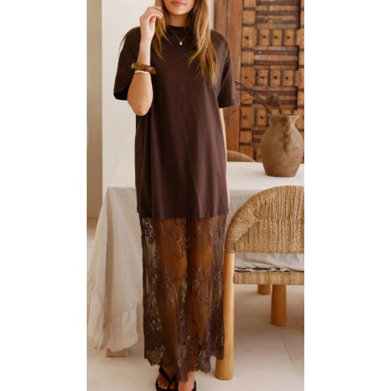 Red Sandalwood Lace Layered Maxi Tee Dress