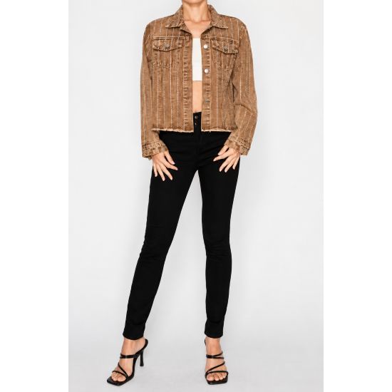 Brown Rhinestone Stripe Denim Jacket