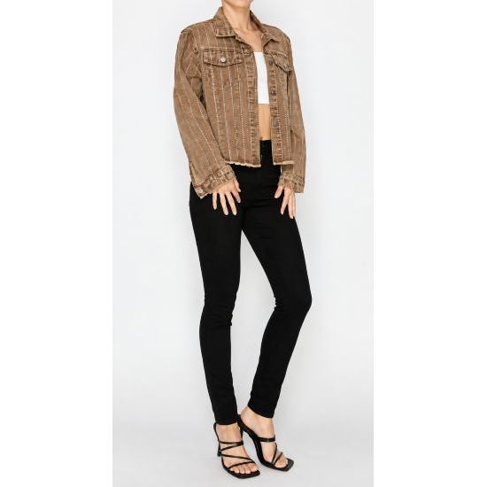 Brown Rhinestone Stripe Denim Jacket