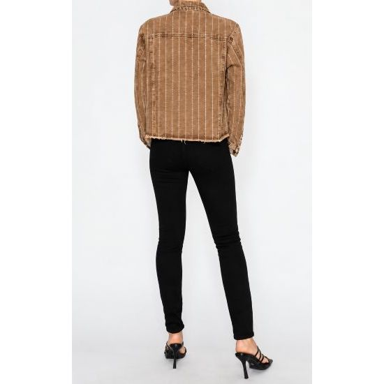Brown Rhinestone Stripe Denim Jacket