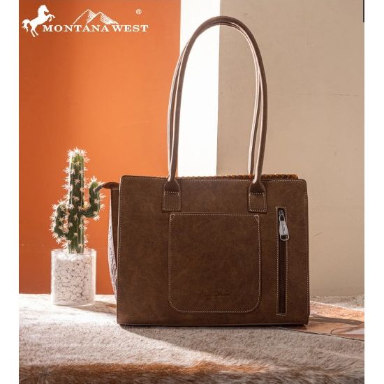 Montana West Brown Tooled Concealed Carry Tote Bag with Tassels