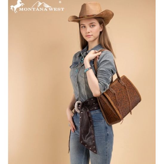 Montana West Brown Tooled Concealed Carry Tote Bag with Tassels