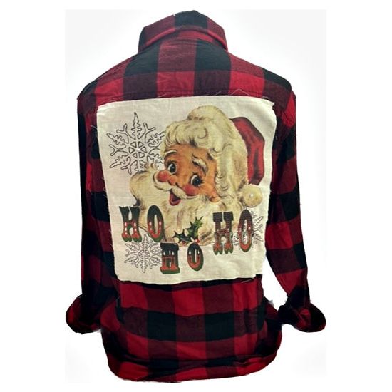 Ho Ho Ho Santa on Red and Black Flannel - Rhinestone Gal