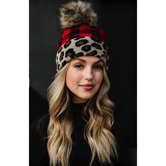 Red Buffalo Beanie with Leopard Trim - Rhinestone Gal