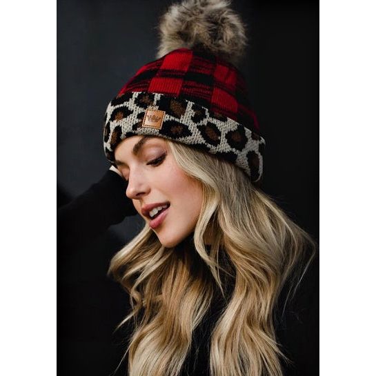 Red Buffalo Beanie with Leopard Trim - Rhinestone Gal