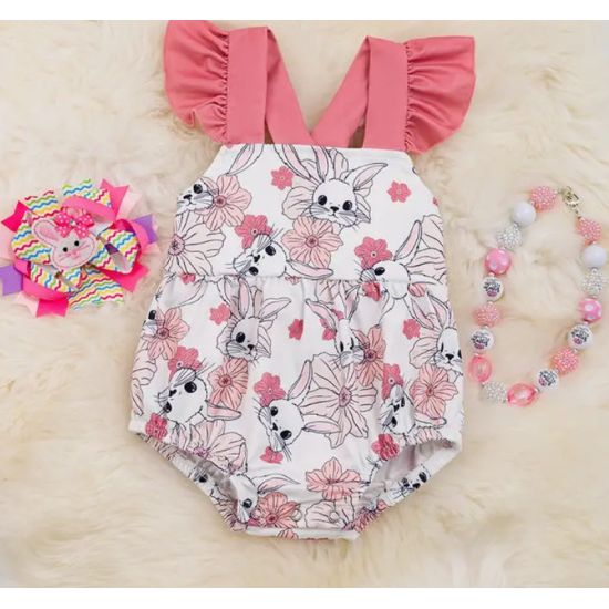 Pink Ruffle Strap Bunny Floral Baby Onesie
