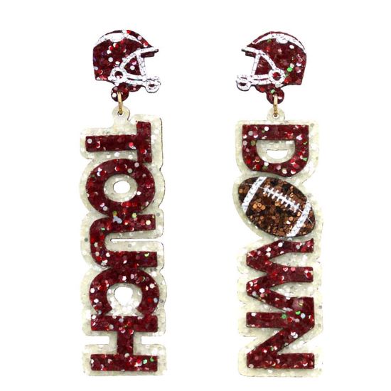 Burgundy and White Glitter Touch Down Football Earrings
