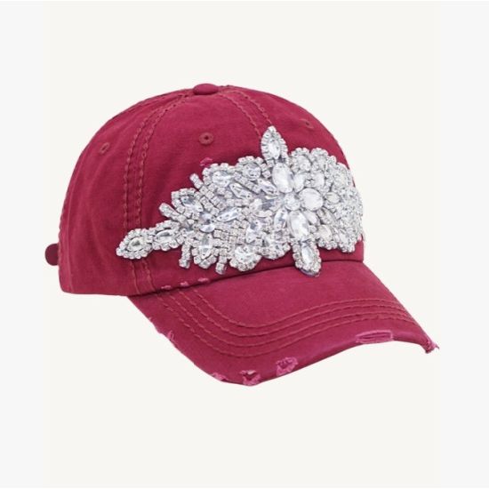 Burgundy Vintage Crystal Embellished Ponytail Baseball Cap
