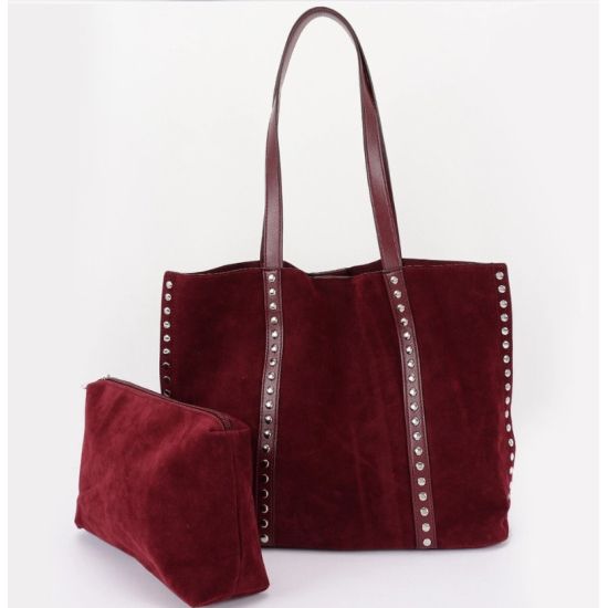 Burgundy Faux Suede Studded Tote Bag with Pouch