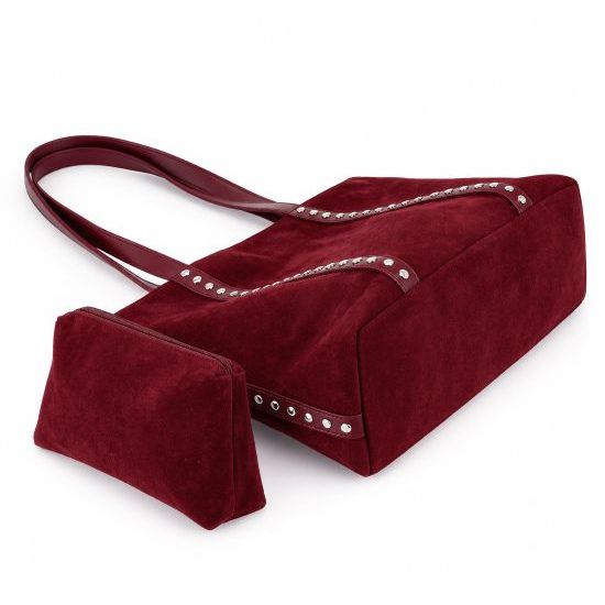Burgundy Faux Suede Studded Tote Bag with Pouch