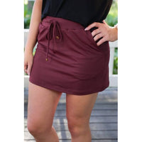 Solid Burgundy Athletic Skort with Pockets & Built‑In Shorts