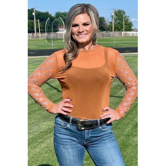 Burnt Orange Mesh Top with Rhinestone Checkered Sleeves