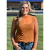 Burnt Orange Mesh Top with Rhinestone Checkered Sleeves