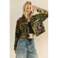 Camo Sequin Floral Mesh Back Cropped Jacket