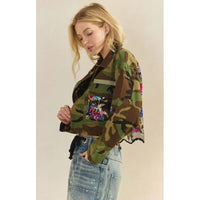 Camo Sequin Floral Mesh Back Cropped Jacket