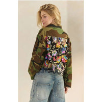 Camo Sequin Floral Mesh Back Cropped Jacket