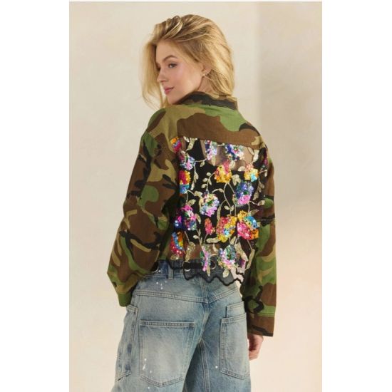 Camo Sequin Floral Mesh Back Cropped Jacket