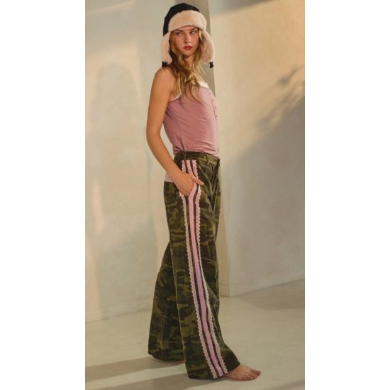 Camo Print Pants with Pink Lace Trim