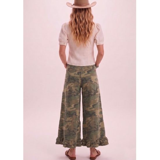 Vintage Camo Ruffle Wide Leg Pants
