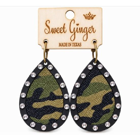 Army Green Camo Rhinestone Teardrop Earrings