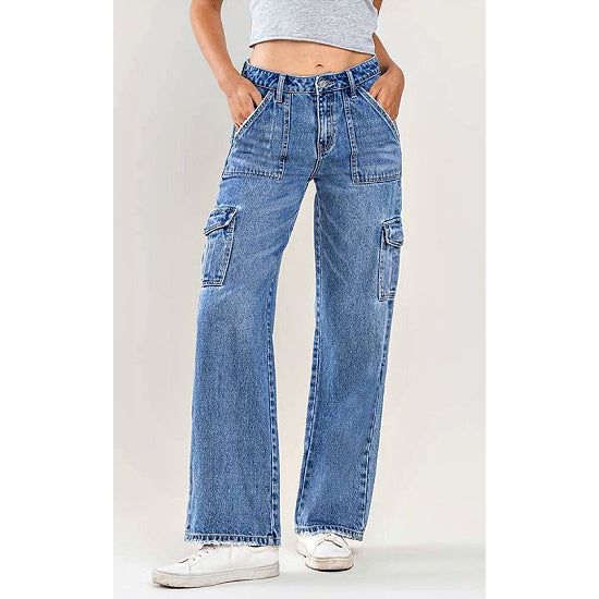 Mid Rise Cargo Wide Leg Jeans