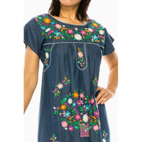 Colorful Floral Embroidered Chambray Midi Dress