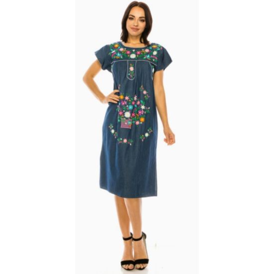 Colorful Floral Embroidered Chambray Midi Dress