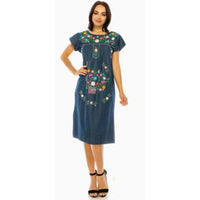 Colorful Floral Embroidered Chambray Midi Dress