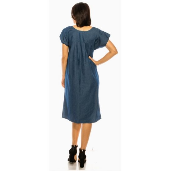 Colorful Floral Embroidered Chambray Midi Dress
