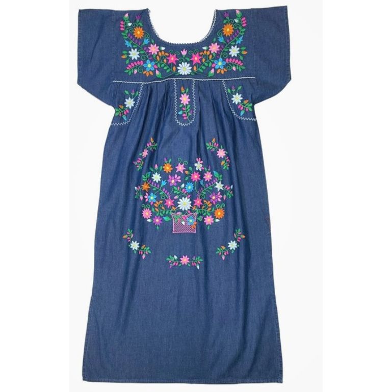 Colorful Floral Embroidered Chambray Midi Dress