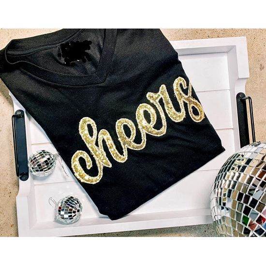 Gold Hand Sewn Sequin Cheers on VNeck Tee