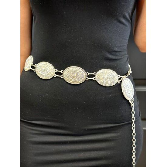 Silver Chain Belt with Oval Clear Rhinestone Conchos