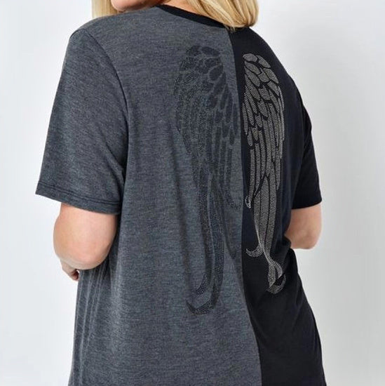 Color Block Plus Top with Rhinestone Angel Wings on Back - Rhinestone Gal