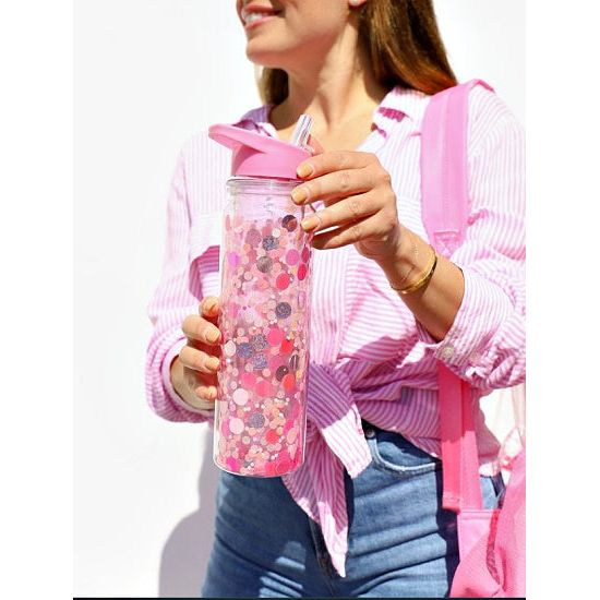 Pink Party Confetti Water Bottle with Straw