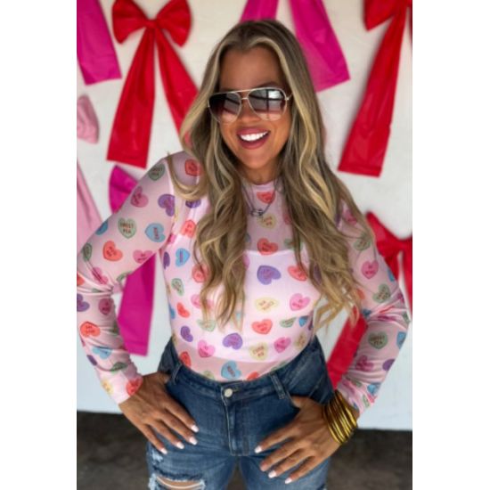 Conversation Hearts Valentine Sheer Mesh Long Sleeve Top