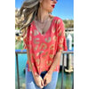 Coral Knit V-Neck Top with Gold Leopard Print