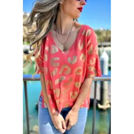 Coral Knit V-Neck Top with Gold Leopard Print