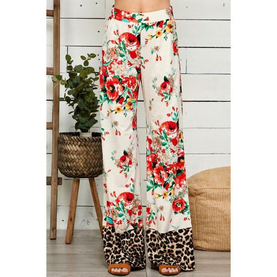 Floral and Leopard Print Palazzo Pants - Rhinestone Gal