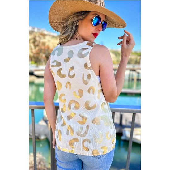 Cream & Gold Metallic Leopard Knit Tank